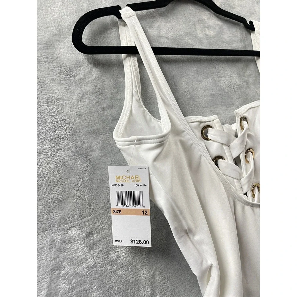 NWT Michael Kors One Piece Swimsuit Womens White New Lace Up Grommet Sz 12 $140